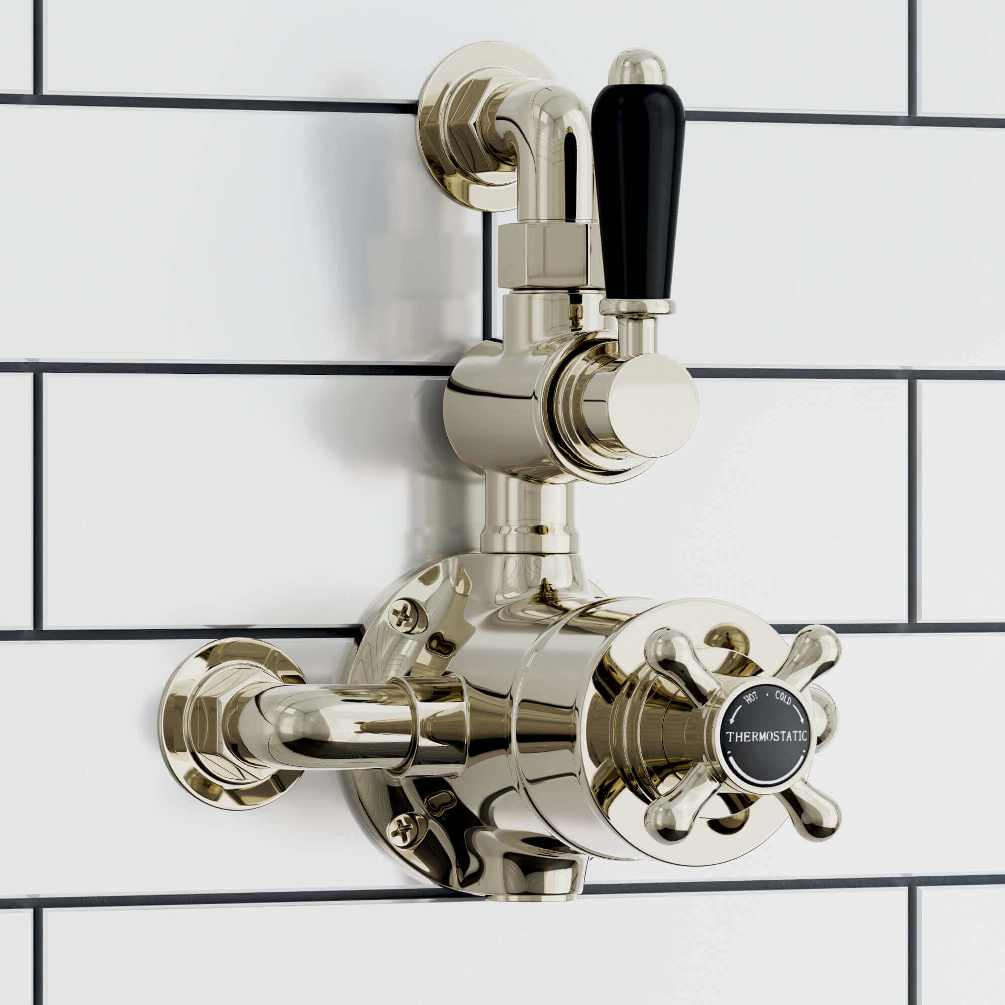 Buy Downton traditional twin thermostatic shower valve semi-exposed - gold with black lever Online UK | HOUSE OF ENKI